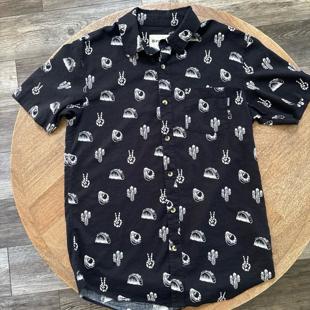 Pyknic No Problemo Tacos and Cactus Print Black Button Up Short Sleeve S Mens